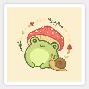 Cute Cottagecore Aesthetic Chubby Frog Snail Mushrooms, Kawaii Froggy Wearing Toadstool Hat Magnet